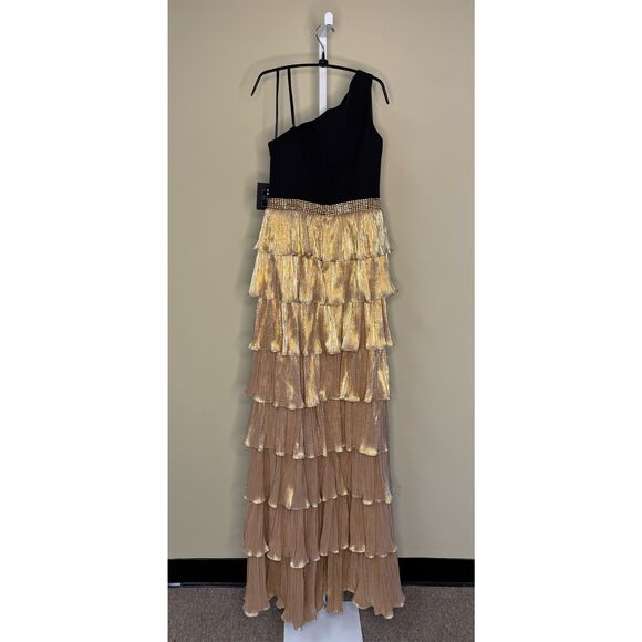 Mac Duggal NWT One Shoulder Layered Metallic Ruffle Gown in Black Gold Size 8 - Picture 5 of 8